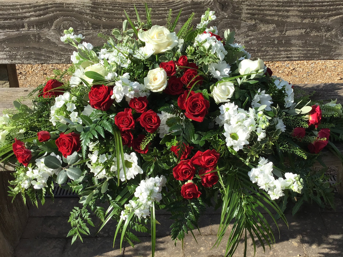 Coffin Spray of red and white flowers Local delivery Joannes Florist Winchester