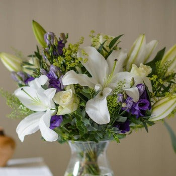 LORNA - Lily, White Roses and Blue Flowers.